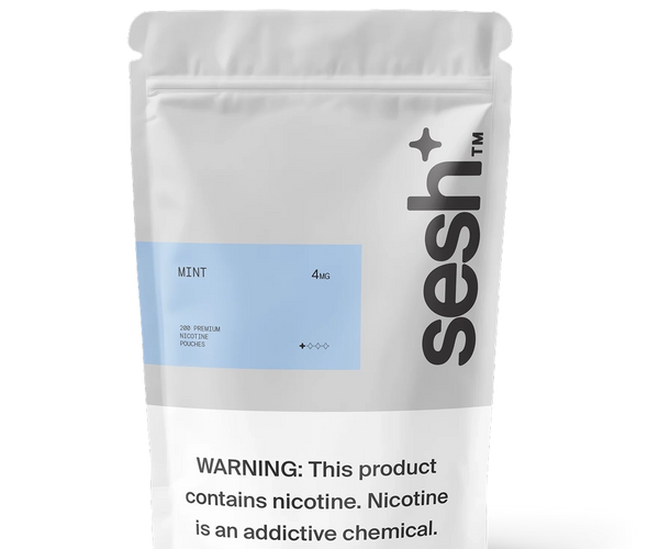 sesh+ mint nicotine pouches, 4mg strength, 200 count resealable pouch with nicotine warning label